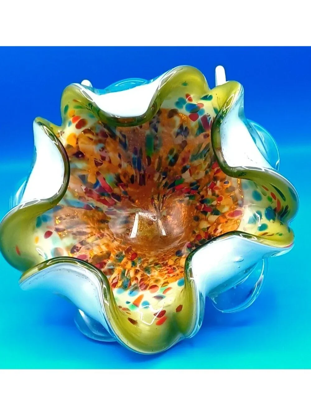 Vintage Murano Art Glass Bowl AVEM Tutti Frutti Zanfirico Aventurine Cased  1950